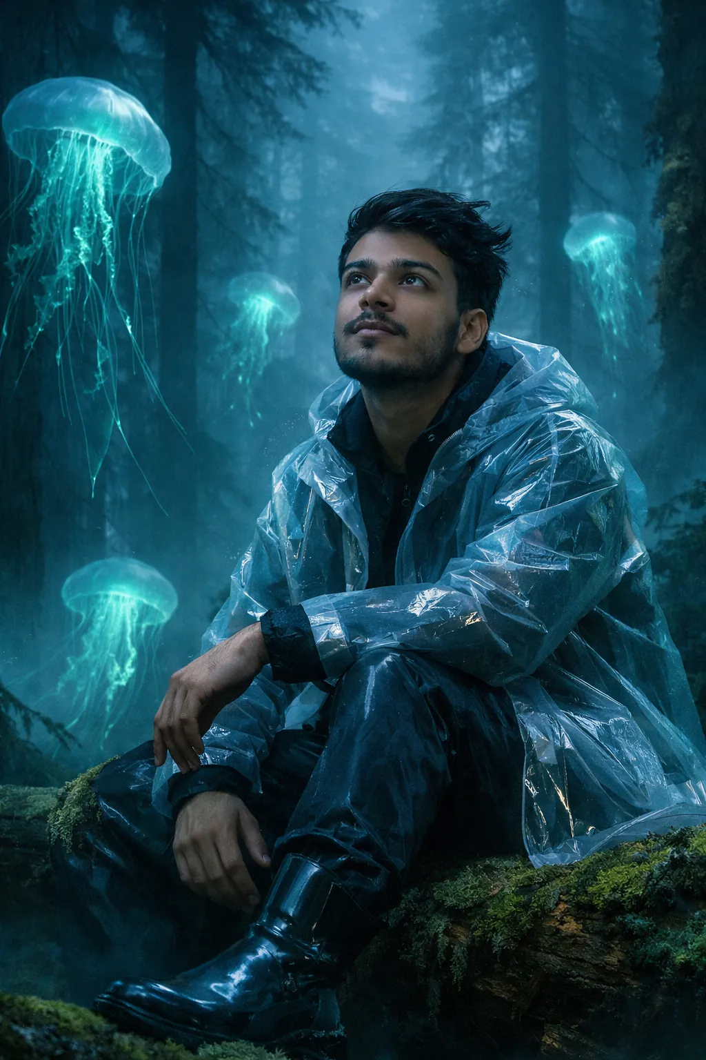 Man in rainforest with glowing jellyfish, surreal fashion editorial, bioluminescent forest portrait, cinematic fantasy scene